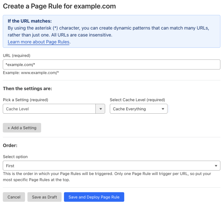 Example Page Rule with &lsquo;Cache Level&rsquo; set to &lsquo;Cache Everything&rsquo;